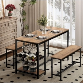 54.7" Dining Table Set With 2 Benches 3-Piece Kitchen Table for 4 Chairs Wooden Dinning Luxury Modern Room Furniture Home