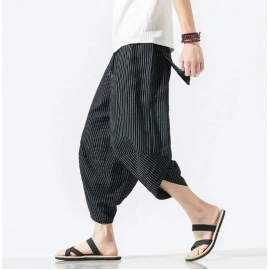 Summer Harajuku Calf Length Casual Men's Pants Wide Leg Cotton Linen Printing Harem Baggy Pants Fashion Men's Clothing