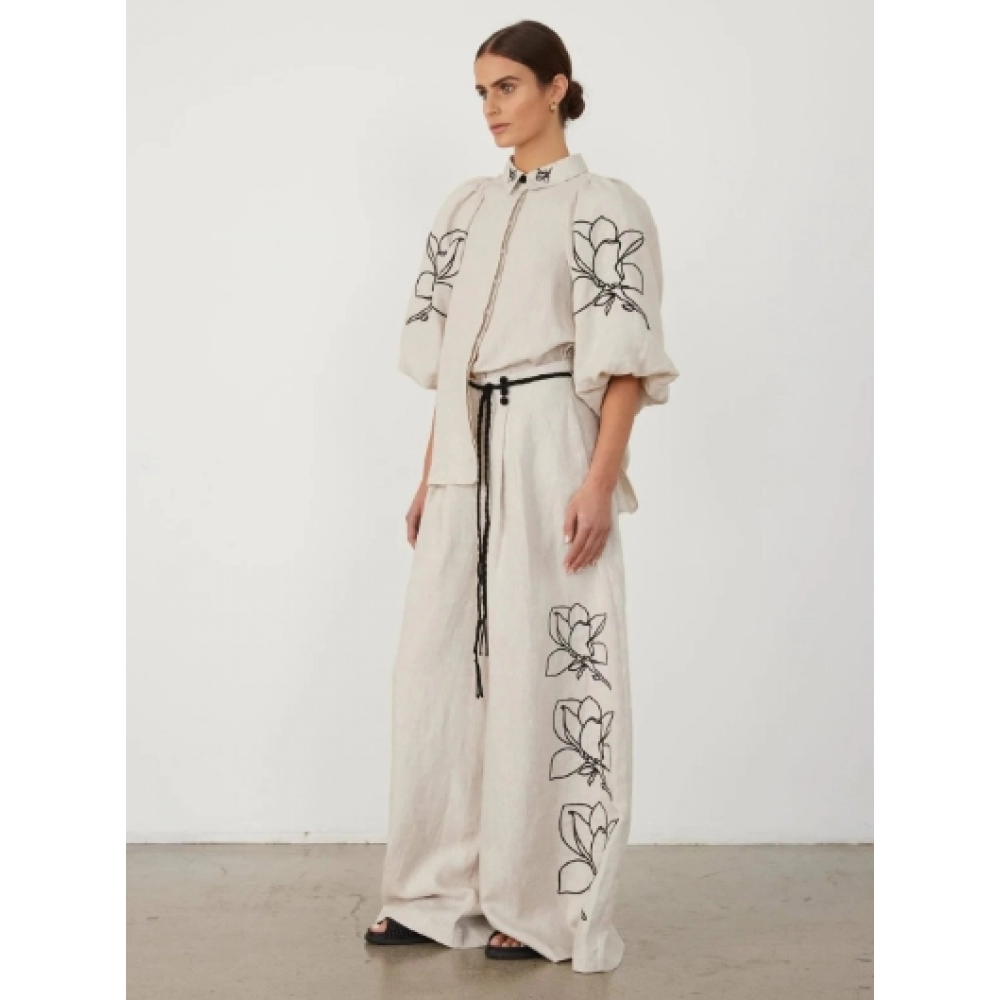 Women Sets Cotton Linen Stand Collar Lantern Sleeve Loose Flower Tops Wide Leg Oversize Pants Party Holiday Clothes Women Sets Cotton Linen Stand Collar Lantern Sleeve Loose Flower Tops Wide Leg Oversize Pants Party Holiday Clothes